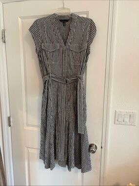 White‎ House Black Market Black and White Striped Midi Dress with Self Tie
